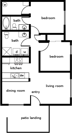 Floor plan for 2 beds, 2 baths, 850 sqft